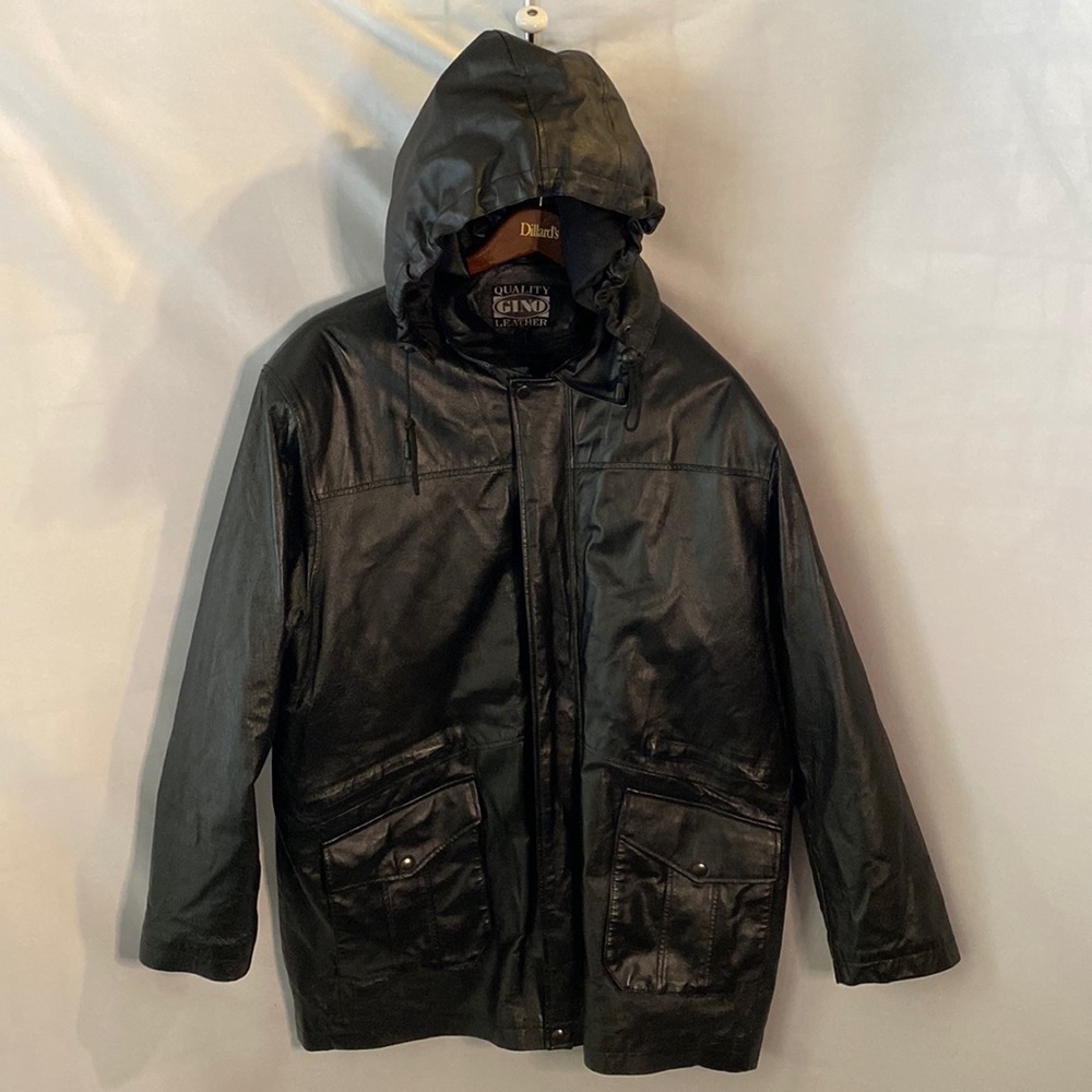 Gino Leather Coat Hooded Jacket Zip Quilted Liner Removable Hood XL